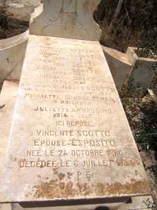 Famille SCOTTO
----
Immacul�e SCOTTO
1851-1913
Joseph SCOTTO
1840-1918
Aniel SCOTTO
1884-1920
Louis SCOTTO
1875-1925
Rose SOLER
1926-1927
Jacques SCOTTO
disparu en mer 1913-1930
Pierrette Simone ROMEO
3 mois - 1928
Juliette AMBROSIMO
1914-1917
Vincente SCOTTO
�pouse ESPOSITO
1880-1938