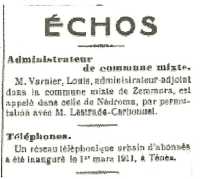 1er MARS 1911
----
Inauguration de r�seau t�l�phonique
de T�n�s