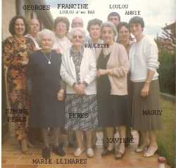 1985 - TOULOUSE
r�union de famille
pour les 106 ans de Marie CAMILLERI
----
Simone PEREZ
Georges ENGGASSER
Marie LLINARES
Francine XICLUNA
Loulou XICLUNA d'en bas
MME PEREZ
Paulette LLINARES
Xavi�re LASSUS
Loulou XICLUNA d'en haut
Annie ENGGASSER
Marguerite MARTIN
