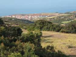 Vue sur le village de Dramla
route de Mostaganem
20 kms � l'ouest de T�n�s
----
Ce village est r�cent , son nom vient de l' oued qui le traverse, Oued eramla "rivi�re de sable" deramla serait une contraction de ces deux mots